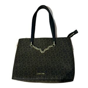 Calvin Klein Purse Tote Bag Black Shoulder Strap Gold Chain Pockets Zip Clos EUC